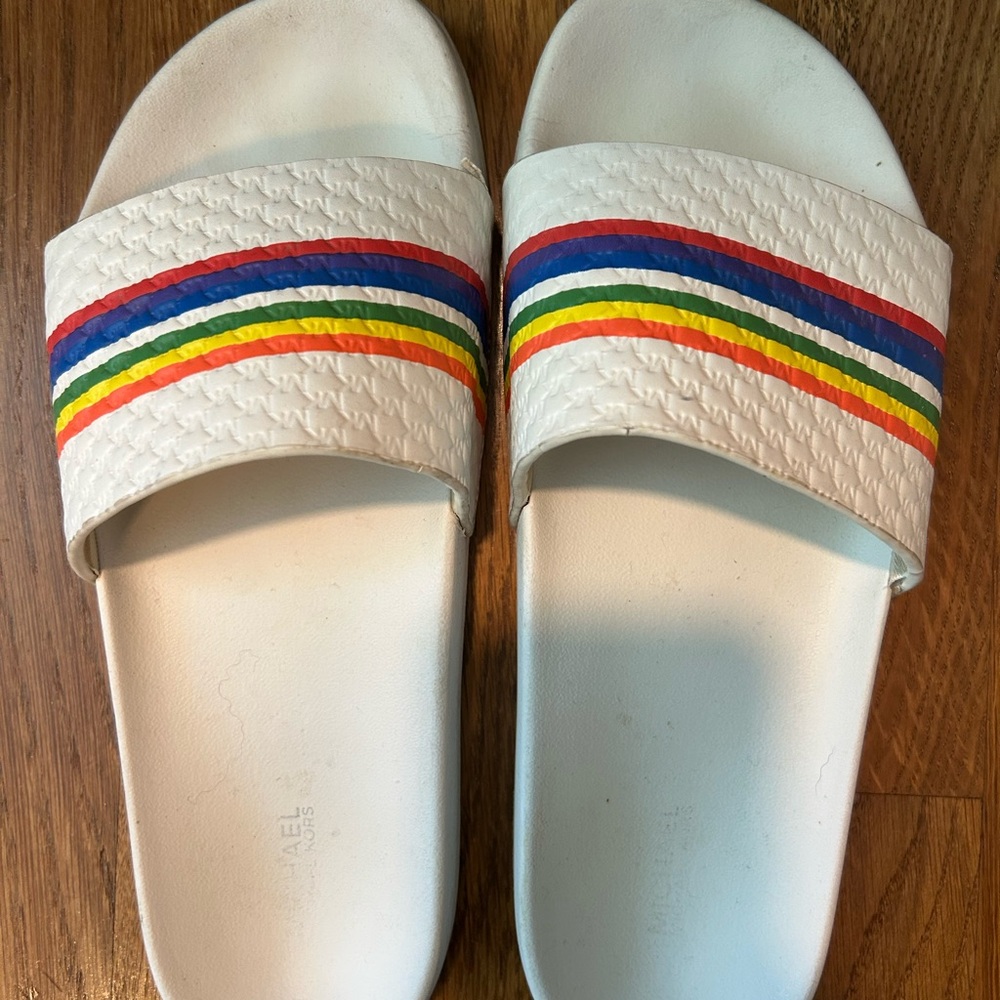 Michael Kors White and Red Sandals with PRIDE Rainbow Stripes